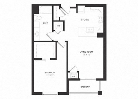 Floor plan for 1 bed, 1 bath, 798 sqft